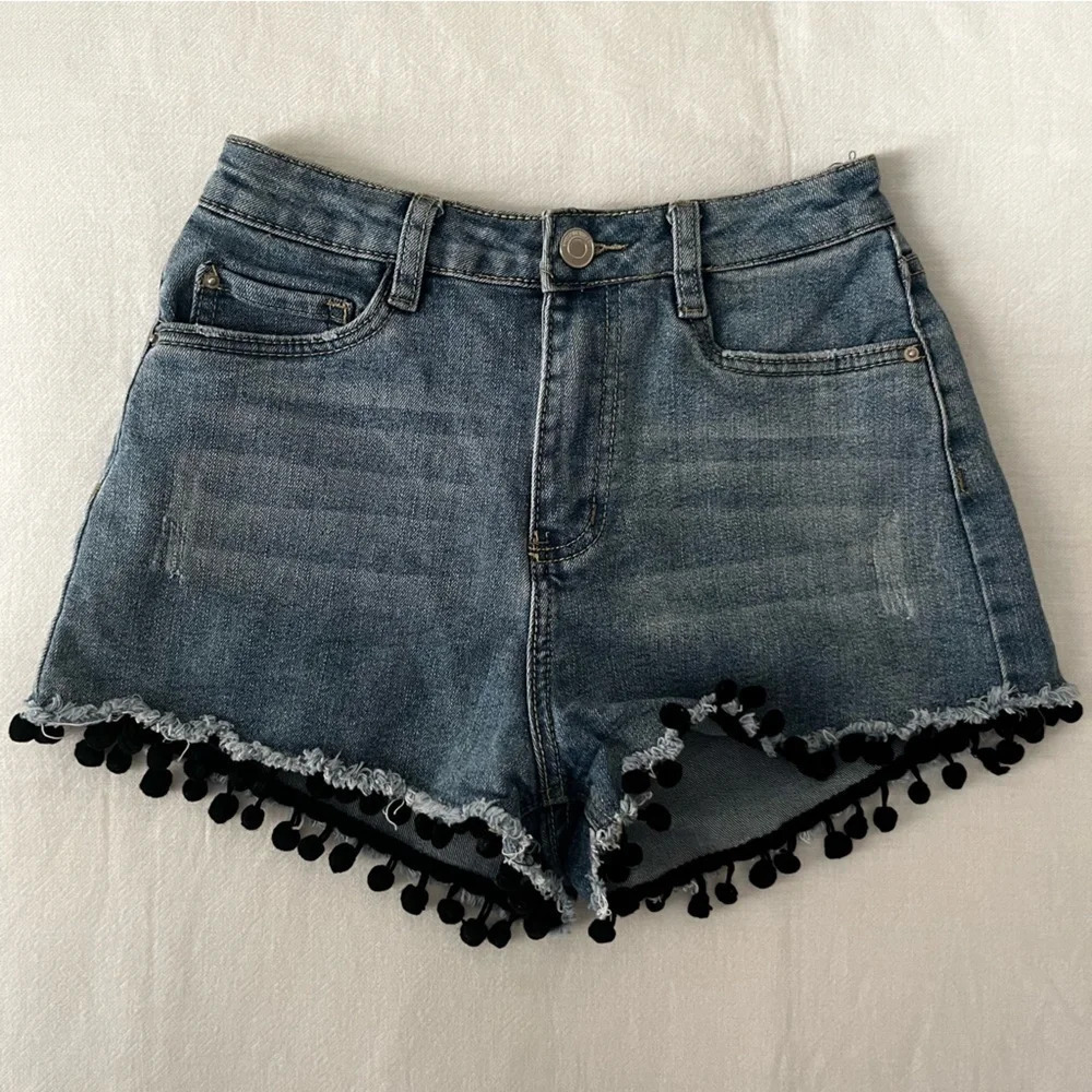 STREETWEAR SOCIETY Boho Pom Pom Mom Jean High Waisted Denim Shorts